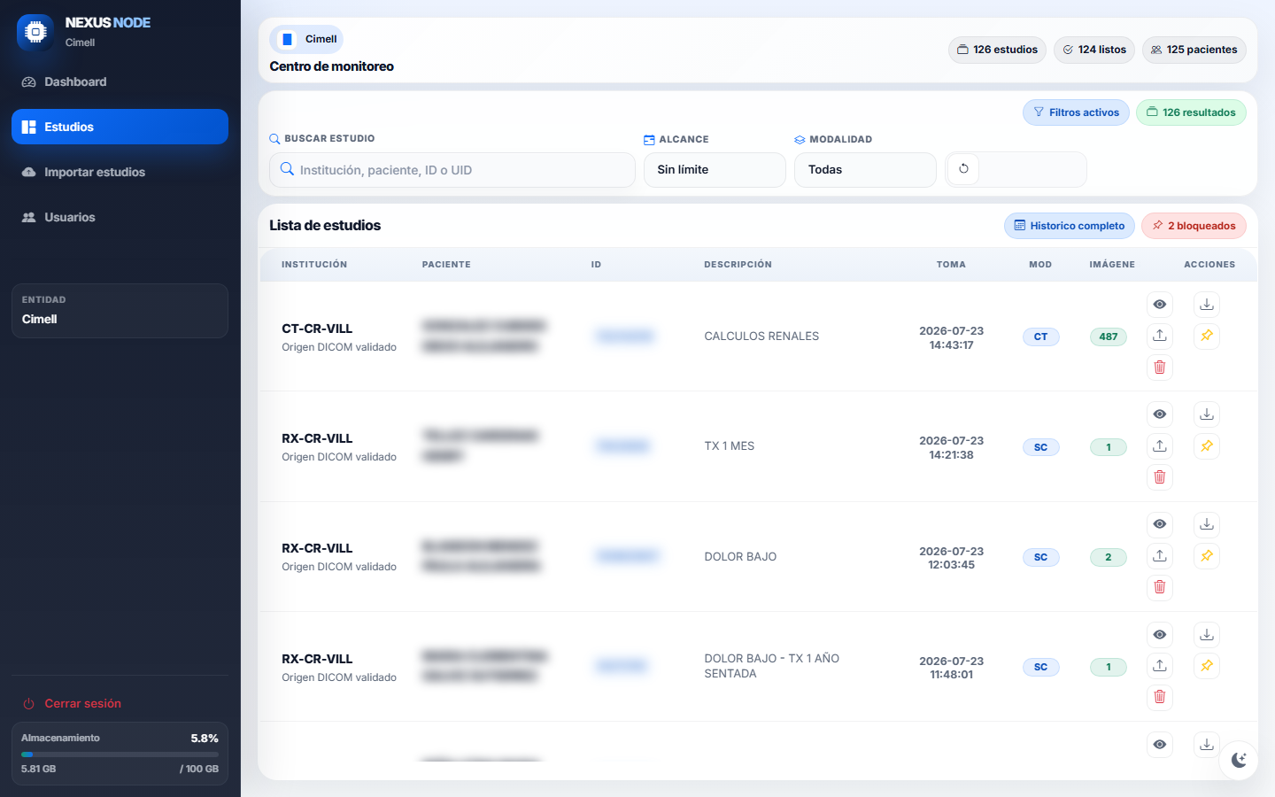 Listado de estudios DICOM en Nexus Node con institución, modalidad y acciones por estudio