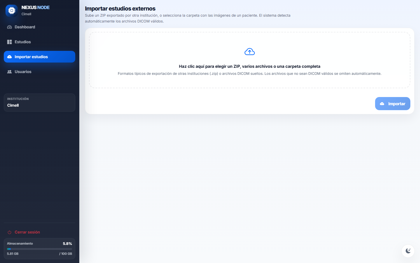 Pantalla de importación de estudios externos en Nexus Node